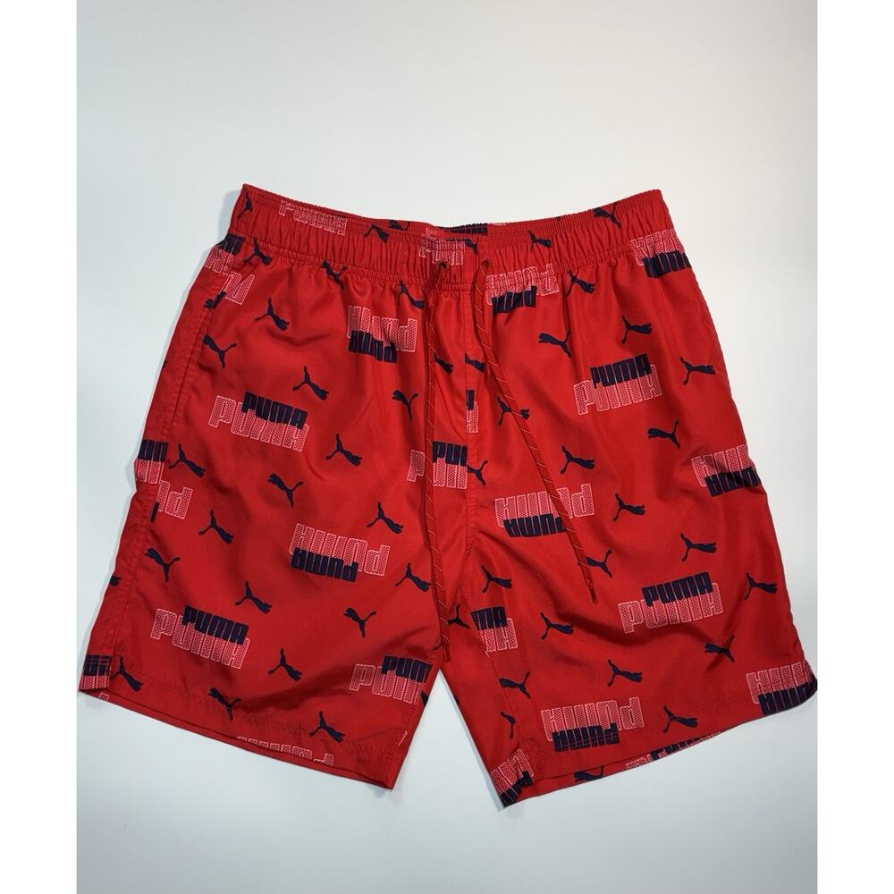 PUMA Swim Shorts Red Navy Logo Drawstring Elastic Waist 100% Polyester Men